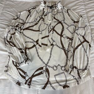 Lauren Ralph Lauren Equestrian Print Blouse Women’s Small Cream Tie Neck